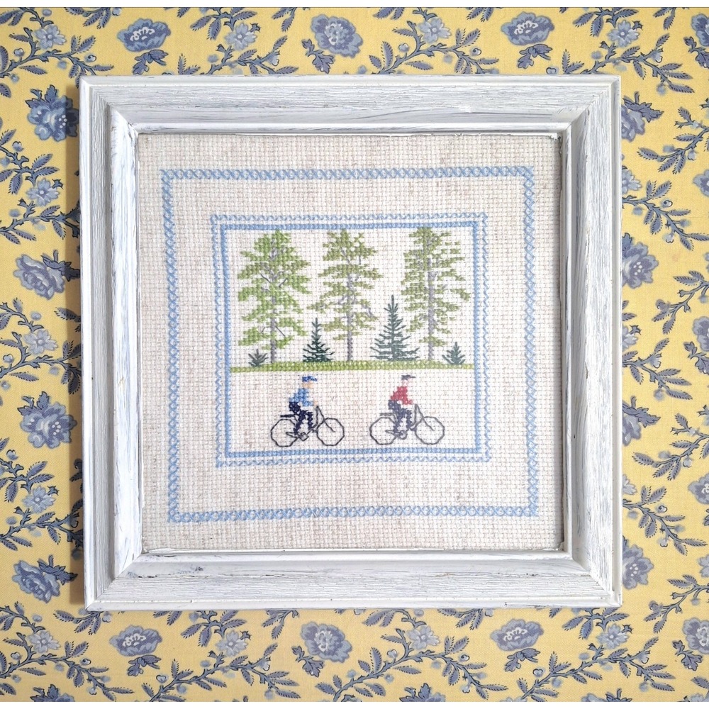 Vintage Cross Stitch ~ 8"x 8" Cycling Couple Forest Wood Framed W/Glass Handmade